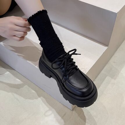 英伦风厚底小皮鞋女2025秋季新款亮面系带乐福鞋学院风松糕底单鞋