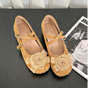 温柔风内增高玛丽珍鞋女2026年新款花朵绒面粗跟小个子单鞋不累脚