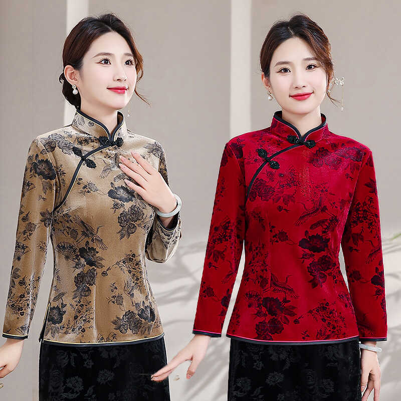 中老年女装金丝绒旗袍打底衫