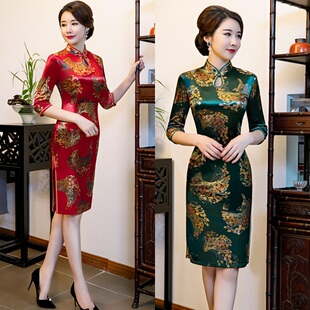春装旗袍改良复古中长款连衣裙妈妈装大码金丝绒宴会礼服走秀裙子