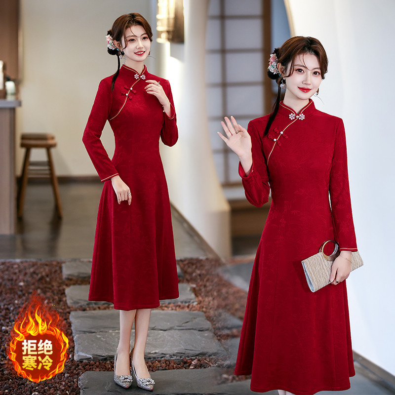 新中式红色改良加绒旗袍裙