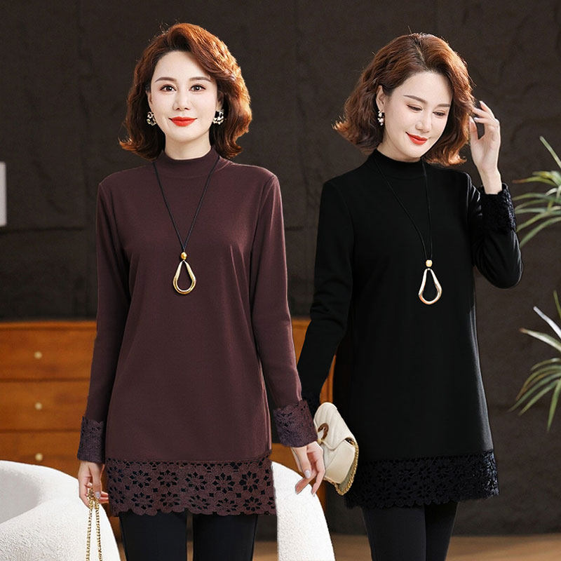 中老年女士半高领蕾丝拼接长袖上衣宽松显瘦气质中长款打底连衣裙