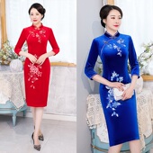 绣花刺绣复古连衣裙妈妈装 中袖 喜婆婆礼服红色裙子 旗袍中长款 秋装