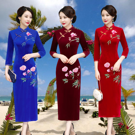 旗袍国风新款中年秋冬金丝绒改良版连衣裙女中长款复古妈妈旗袍裙