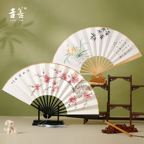 吉善8寸玉竹黑骨手绘折扇