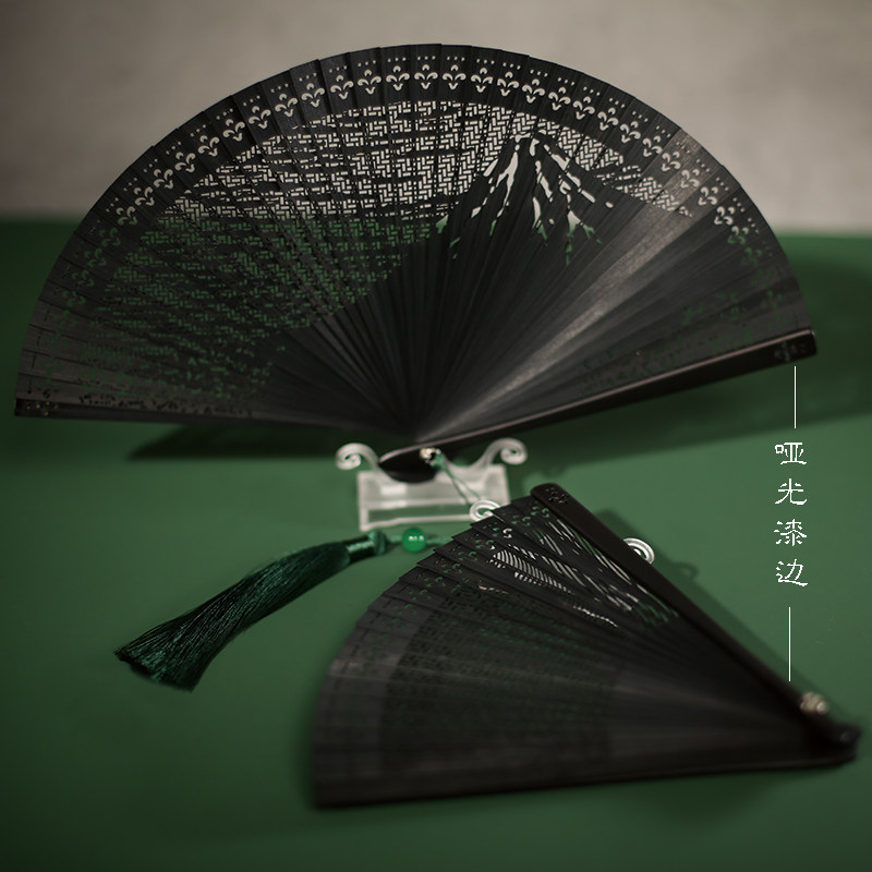 天然全竹扇子5寸折扇古风镂空扇女式小扇富士山雕花扇迷你折叠扇