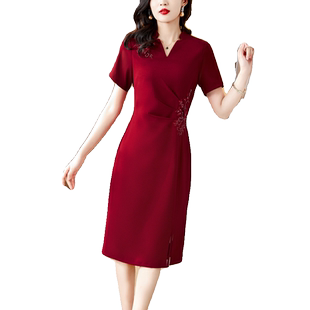 酒红色喜婆婆婚宴装礼服连衣裙女2026春夏新款高端名媛气质包臀裙