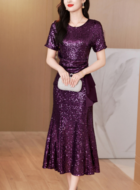 紫色晚宴装礼服鱼尾裙2025年夏季新款高端大气亮片设计长款连衣裙