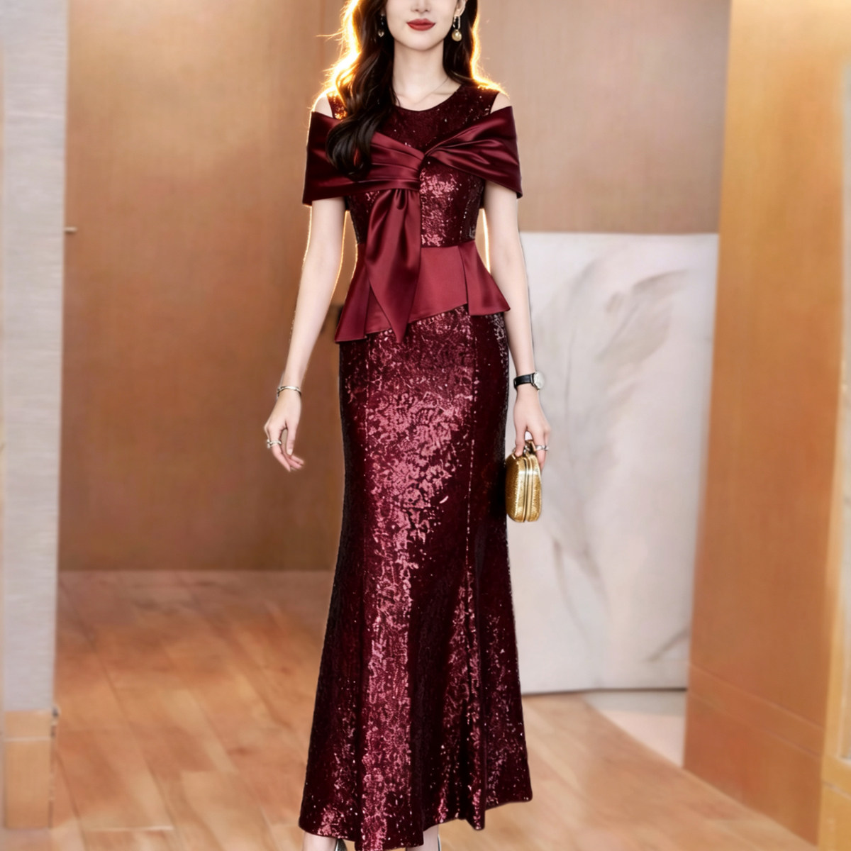 酒红色晚礼服连衣裙女2026春夏季V领华丽风亮片宴会包臀鱼尾长裙