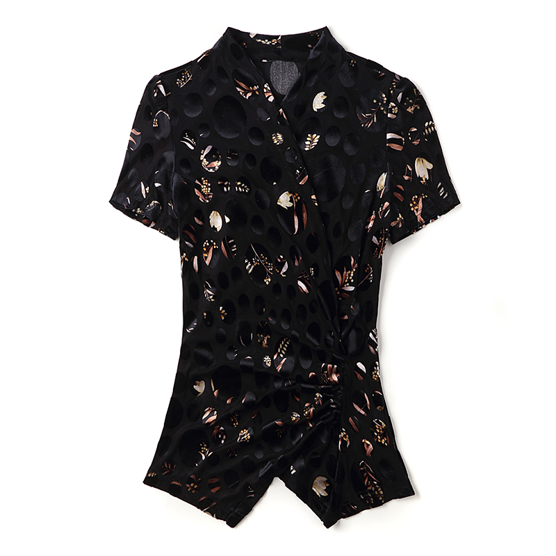 黑色长袖t恤女2021年秋冬新款圆点时尚交叉V领打底衫网纱植绒上衣