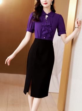 紫色假两件连衣裙女2026年夏季新款收腰显瘦包臀高档职业装礼服裙