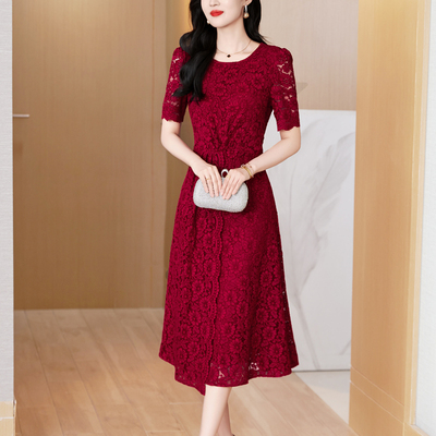 红色蕾丝连衣裙女2025夏季新款高端名媛气质喜庆妈妈宴会礼服裙子