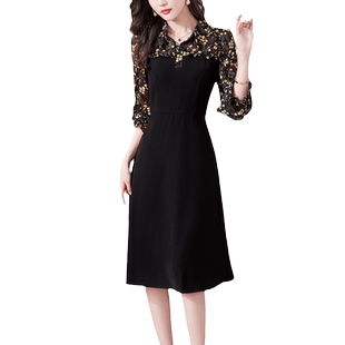 黑色雪纺连衣裙女长袖2025春夏新款高级感名媛气质拼接针织中长款