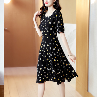 显瘦大码 碎花雪纺连衣裙女短袖 名媛气质修身 新款 a字裙 2025春夏季