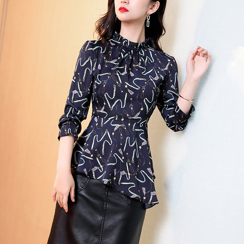复古港味长袖缎面衬衫女2022春秋装新款立领收腰显瘦百搭雪纺上衣
