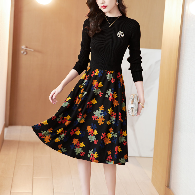 黑色针织连衣裙女长袖2025年秋冬新款洋气打底假两件套毛衣a字裙,女装/女士精品,连衣裙,淘宝优惠券,粉丝福利购,淘宝优惠卷