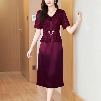 高端大气醋酸礼服裙子2025年夏季新款酒红婆婆婚宴装假两件连衣裙