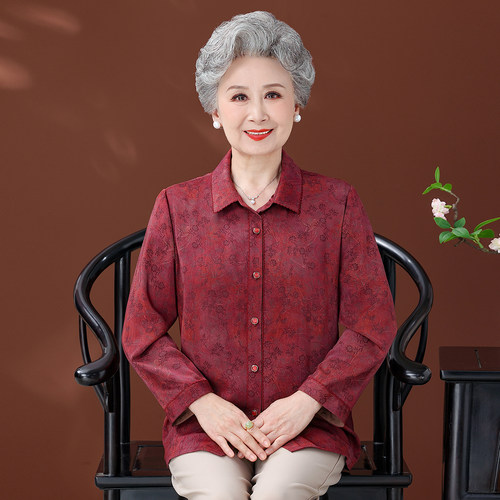 中老年女秋装红色厚长袖印花衬衫