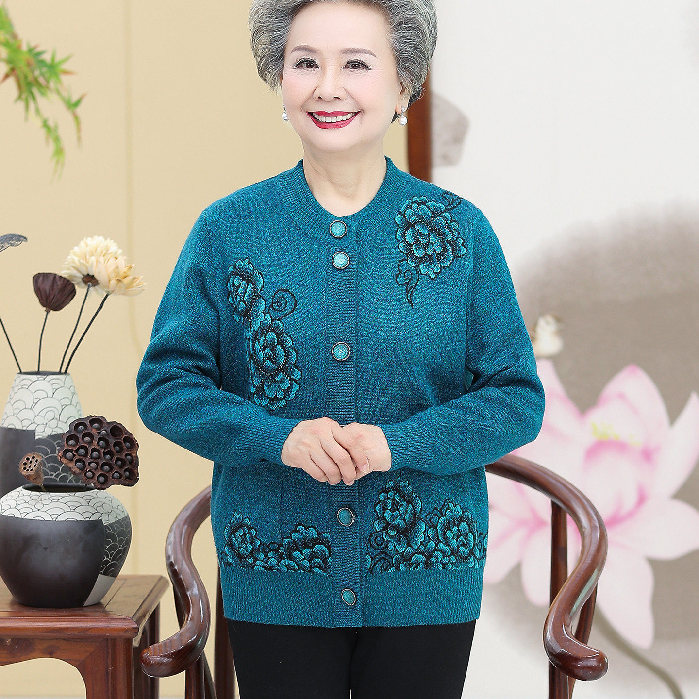 70岁80岁90岁老人外套奶奶秋冬装针织衫毛衣加绒加厚老太太羊毛衫