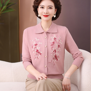 母亲节羊毛衫中老年春装新款针织开衫翻领妈妈装时尚毛衣外套