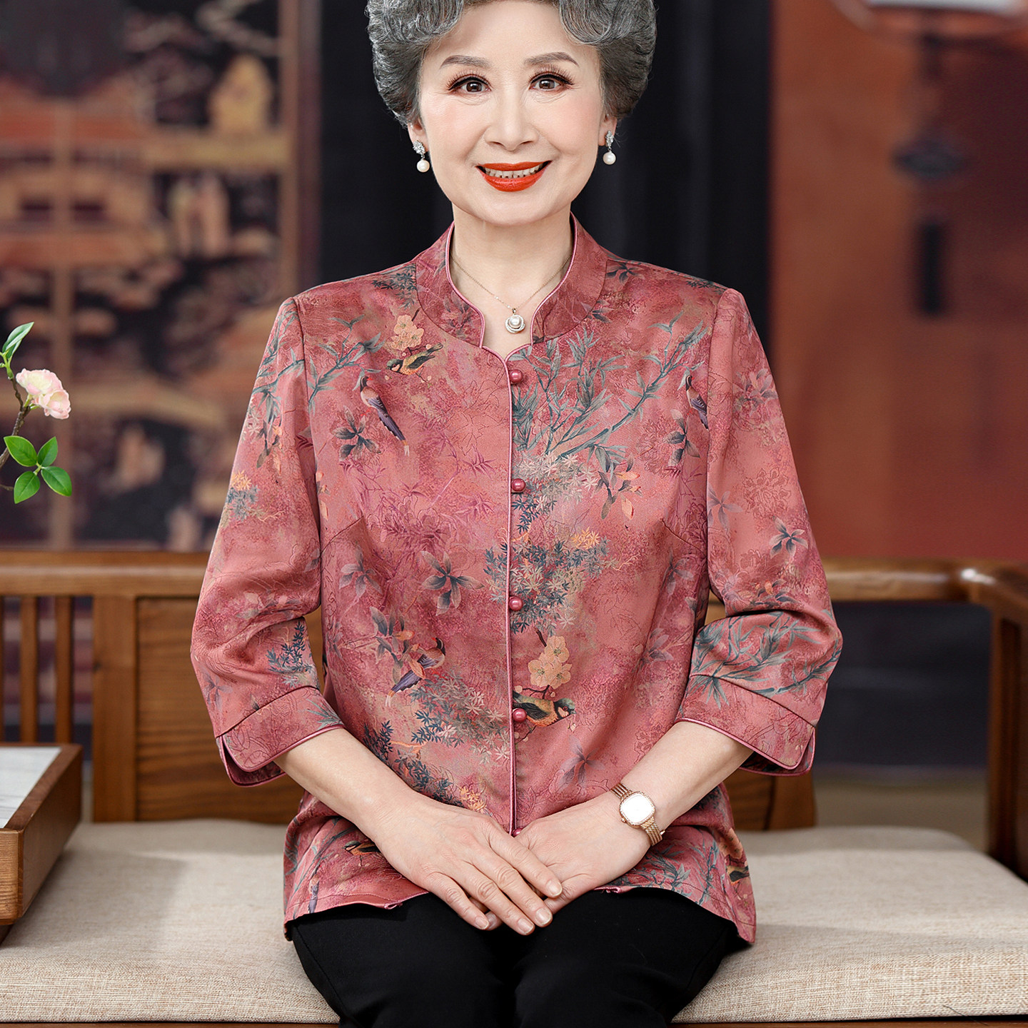 中老年真丝刺绣七分袖大码衬衫