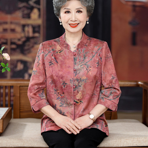 中老年真丝刺绣七分袖大码衬衫