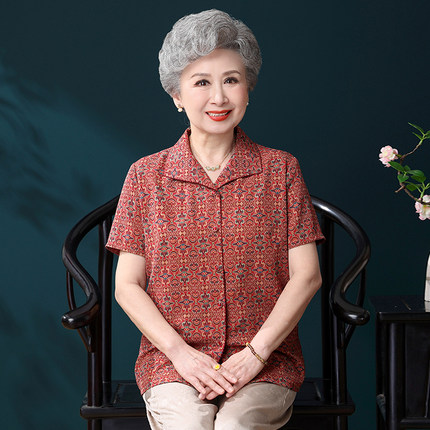 通勤风蚕丝翻领衬衫女中老年薄款刺绣纽扣休闲开衫妈妈装气质夏装