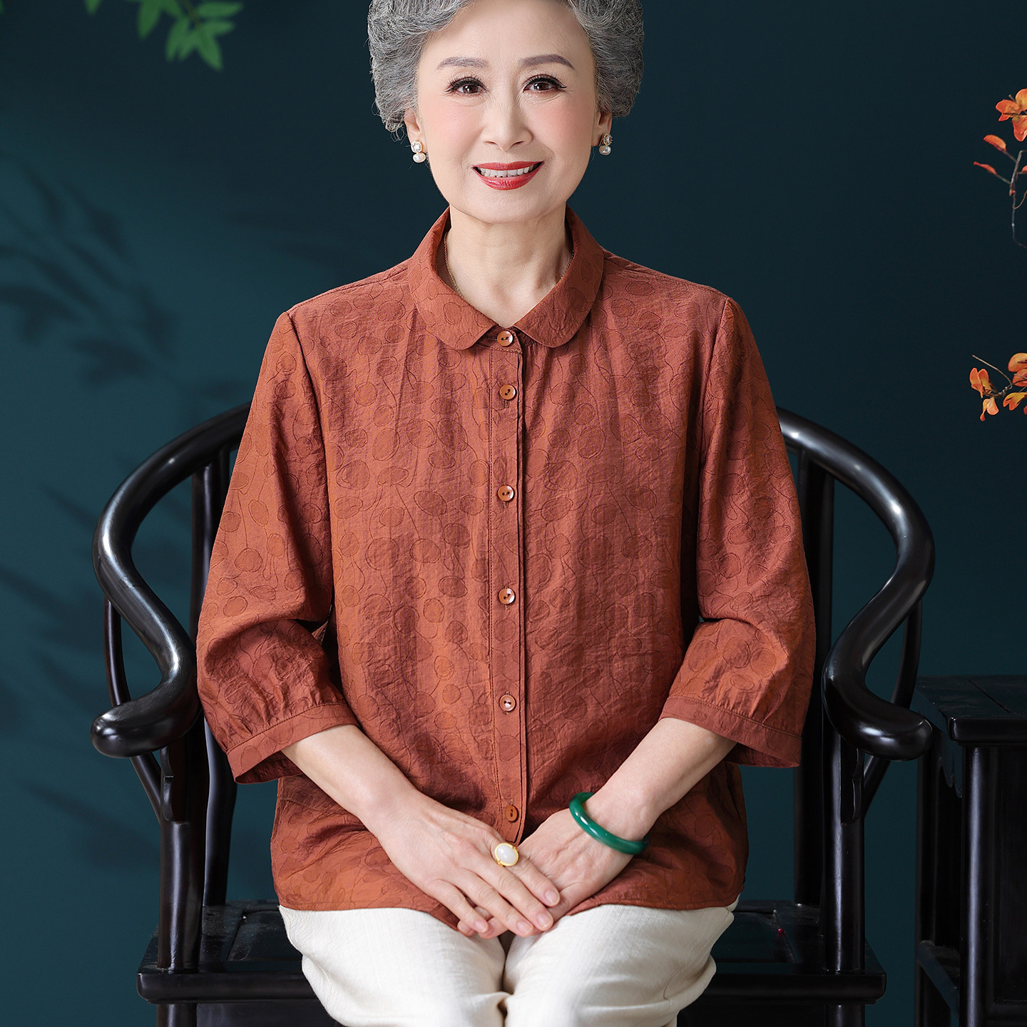 母亲节奶奶装桑蚕丝七分袖衬衫中老年女装妈妈装洋气高贵真丝上衣