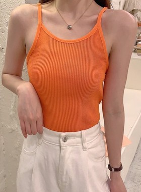 韩版chic亮色橙色桔色橘色无袖修身显瘦显白针织小吊带外穿背心女