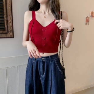 韩版chic风酒红色枣红色针织短袖小背心吊带短款露脐打底衫女夏