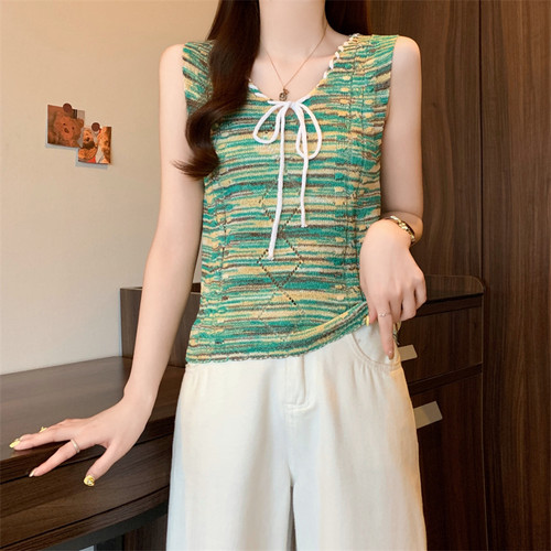 夏季新款韩系ins风别致系带彩虹条纹甜妹针织背心女镂空无袖上衣