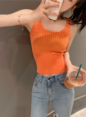 2020夏季新款韩版港风亮色橙色橘色桔色无袖小背心针织外穿上衣女