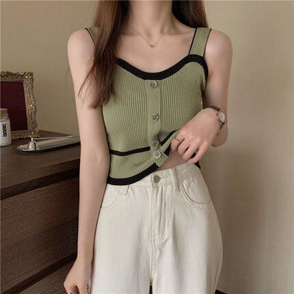 绿色针织吊带女夏季泰式纯欲风辣妹撞色修身短款背心洋气外穿内搭