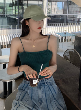 韩版ins深绿色暗绿复古绿墨绿色修身显瘦百搭坑条针织吊带背心女