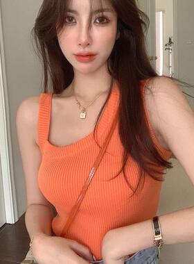 2024新款韩版ins橙色橘色不规则露肩针短款织外穿小吊带背心女夏