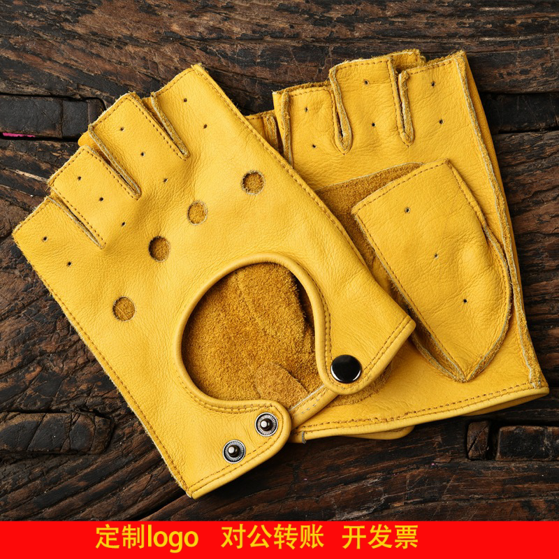 定制logo真皮骑行手套男复古牛皮半指女防滑摩托车秋冬健身运动骑