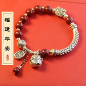 福运平安朱砂手链女款 国风闺蜜礼物大麦弯管招财猫转运珠足银手串