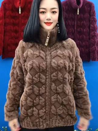 妈妈秋冬装水貂绒外套中年妇女开衫中老年洋气短款双面羊绒大衣潮