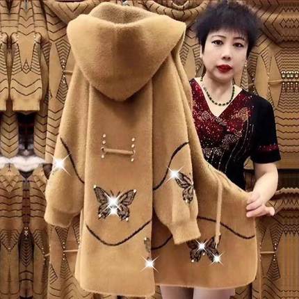 水貂绒妈妈装毛衣外套女秋冬加厚中长款外搭大衣中老年人针织开衫