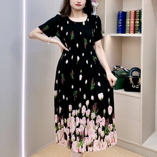【  01-50号 】  夏季妈妈装三宅褶皱碎花连衣裙时尚大码显瘦女装