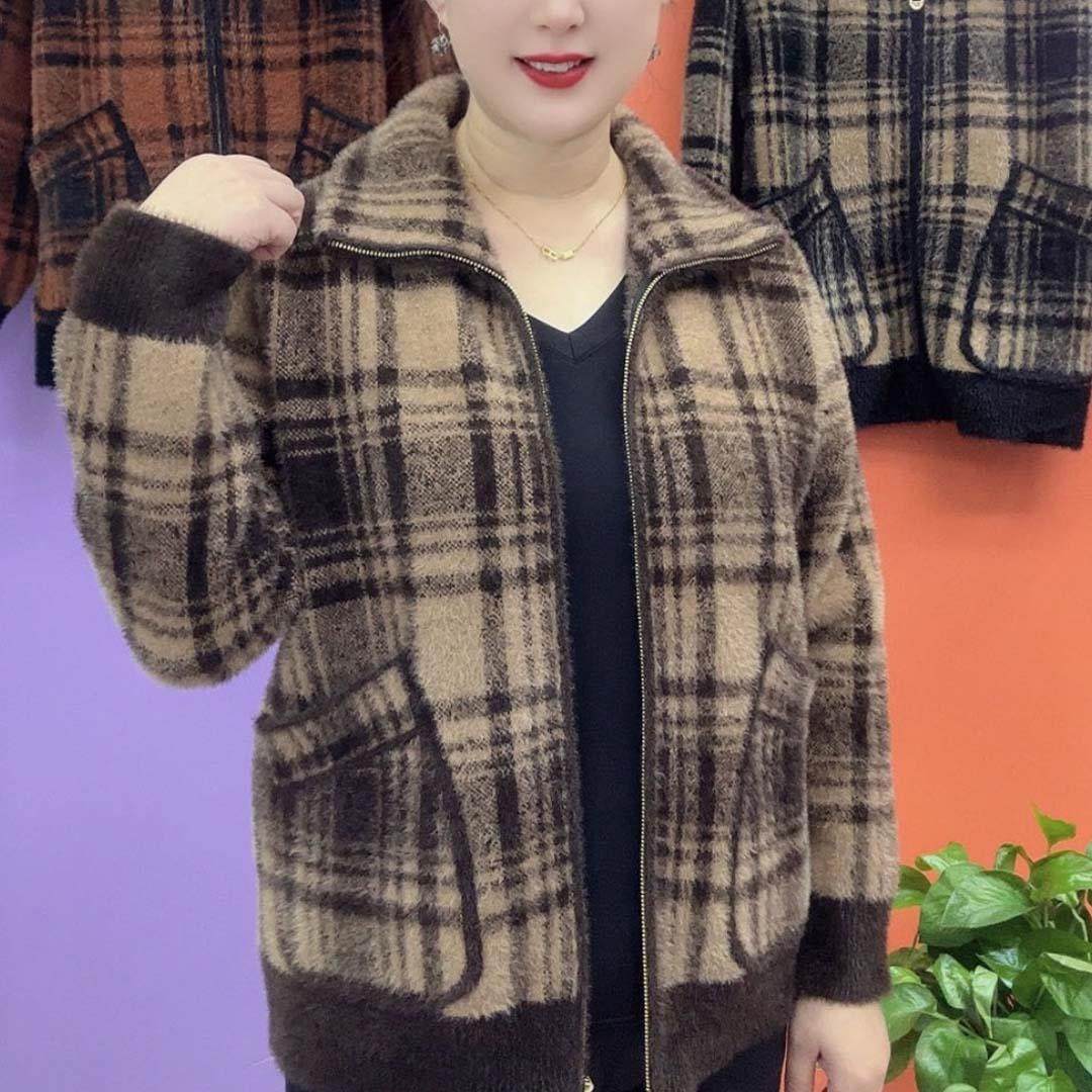 金貂绒格子毛呢针织开衫外套女中老年妈妈装翻领保暖洋气短款上衣,女装/女士精品,毛呢外套,淘宝优惠券,粉丝福利购,淘宝优惠卷