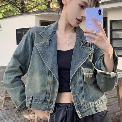 美式水洗覆古西服领牛仔外套女秋季2024新款休闲短款机车夹克上衣