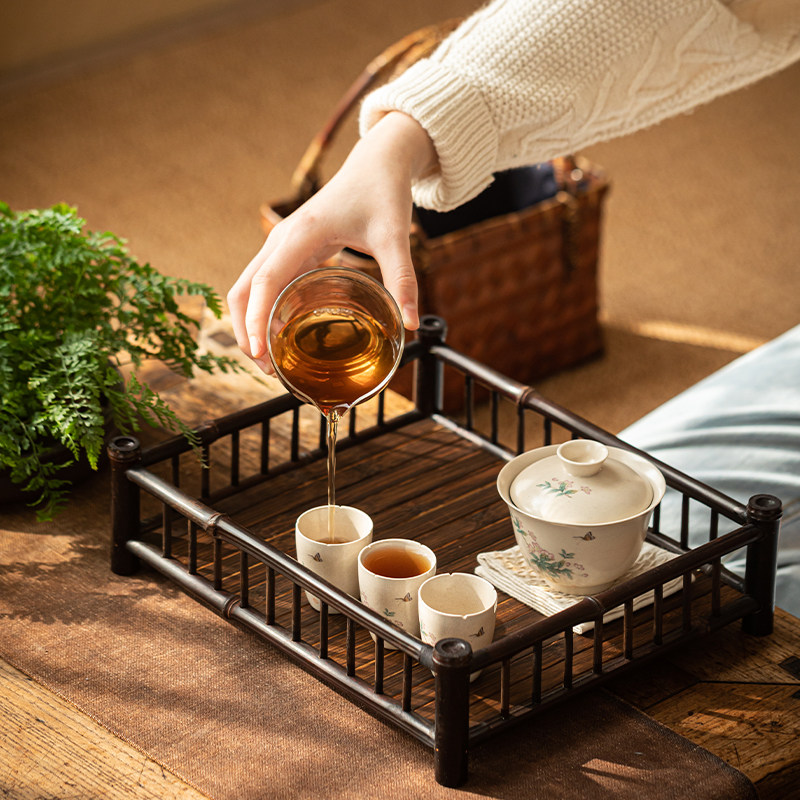 紫竹茶盘长方形茶托盘茶杯架竹干泡台日式复古功夫茶具收纳盘大号