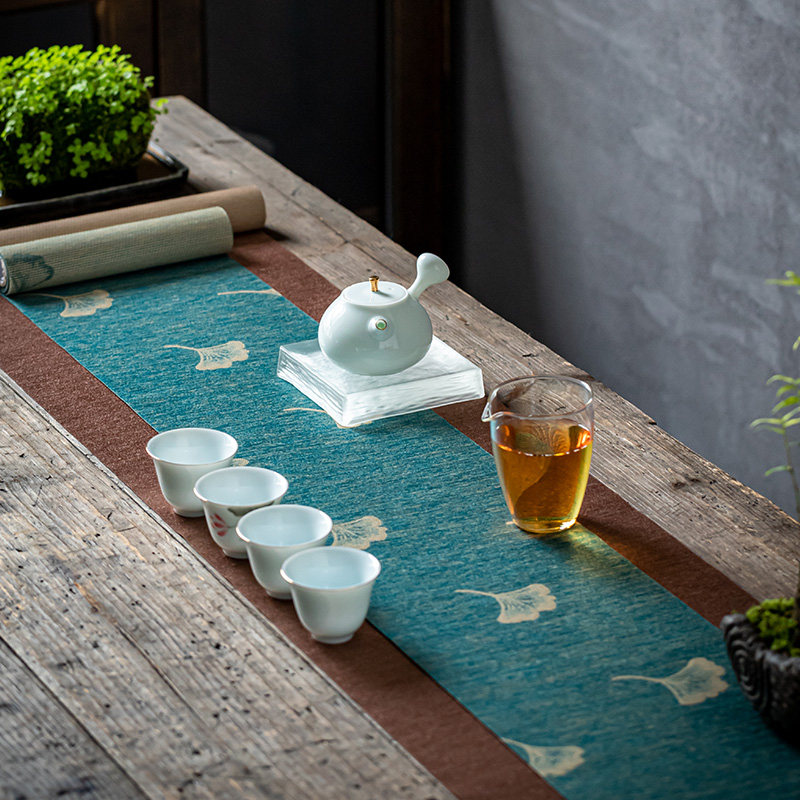 日式茶席套装银杏织锦丝绢茶旗中式桌垫茶艺垫禅意茶盘垫布艺桌旗