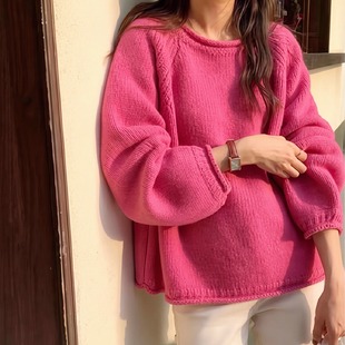 针织套头衫 100%纯棉线毛衣纯色女秋冬新款 不起静电慵懒风韩版