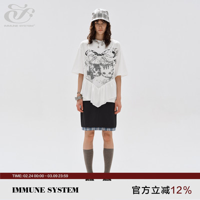 immune system 猫咪印花贴蕾丝假两件T恤短袖宽松