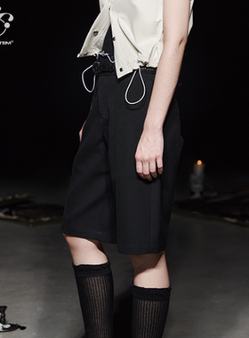 immune system免疫系统 拼接腰毛边黑色基础中裤直筒五分休闲裤