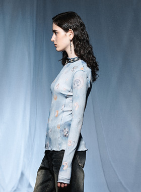 immune system免疫系统 蓝色海洋 珍珠不规则印花褶皱网纱长袖