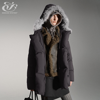 immune system免疫系统  可拆卸毛领90白鸭绒中长款羽绒服外套