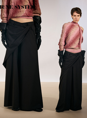 immune system 黑色暗条纹不规则双层叠穿腰头垂坠感阔腿西裤